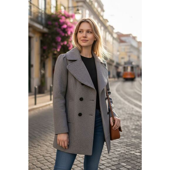 Guess Wool Pea Coat Womens Sz S Gray Double Breasted Large Lapel Collar Preppy - Picture 5 of 16